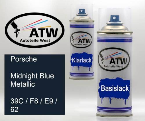 Porsche, Midnight Blue Metallic, 39C / F8 / E9 / 62: 400ml Sprühdose + 400ml Klarlack - Set, von ATW Autoteile West.